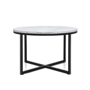 Round Coffee Table Marble Effect 70cm MDF Top X Shape Metal Base Anti Slip Feet