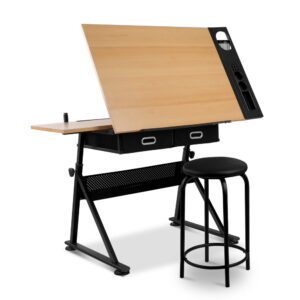 Adjustable Drafting Table Stool Set MDF Top Slide Out Desk Storage Black Natural