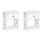 Rustic Bedside Table Set of 2 Drawer Shelf Storage White Paulownia Wood 40x30cm