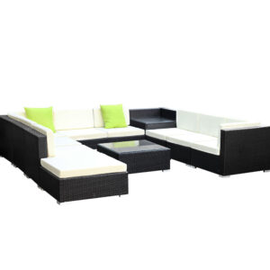 Outdoor Wicker Sofa Lounge Set 11PC UV Resistant with Storage Cover Beige