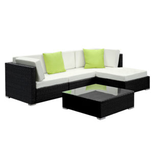 5PC Outdoor Sofa Set Wicker UV Resistant Cushions Glass Top + Storage Cover