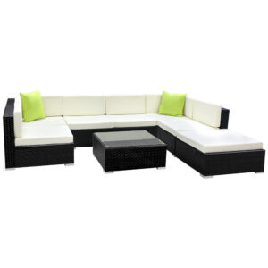 Outdoor Wicker Sofa Set 8PC with Tempered Glass Top & Storage Cover UV Resistant