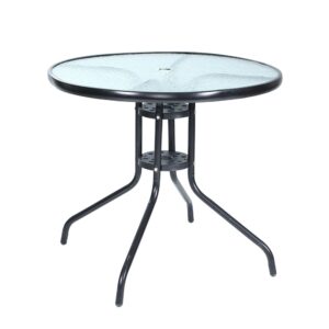 Outdoor Dining Table Tempered Glass Top 70CM Steel Frame Parasol Hole Non Slip Feet