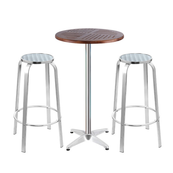 3PC Outdoor Bistro Set Adjustable Bar Table Stools Aluminium Cafe Wood Finish