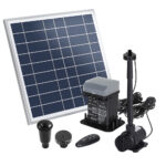 Solar Pond Pump 610L/H Flow 9.8FT Lift LED Lights Adjustable Height Remote Control