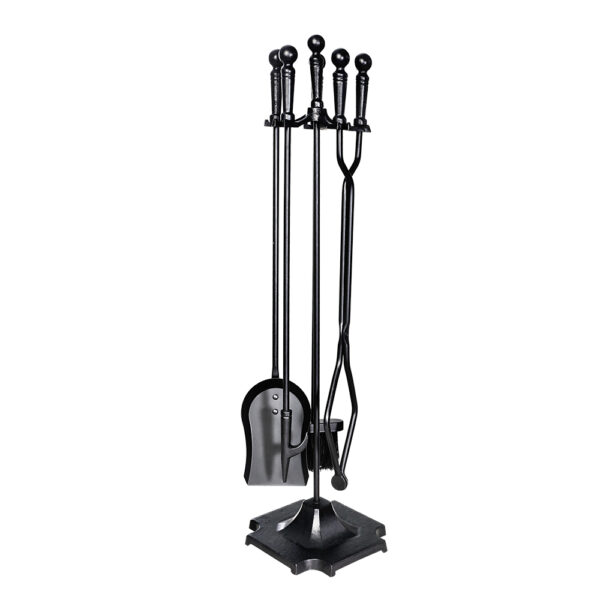 Fireplace Tool Set 4pc Cast Iron Heat Resistant Stand Poker Brush Shovel Tongs