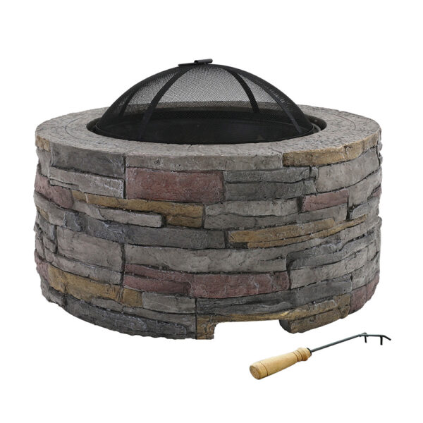 Outdoor Fireplace Fire Pit Table Faux Stone Round 70cm Heat Resistant Mesh Cover