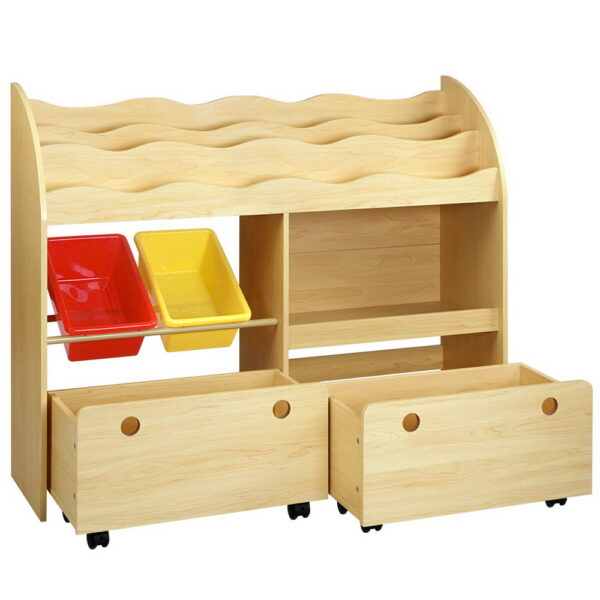 Kids Bookshelf 3 Tier Display Storage Organizer with Wheels Natural 108x29x88cm