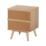 Rattan Bedside Table 2 Drawers Modern Storage Nightstand Oak Finish 45x42x58cm