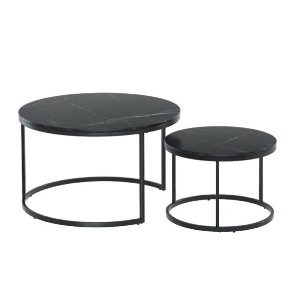 Nesting Coffee Table Set 2PC Marble Effect MDF Metal Base Round Edge 50kg Capacity