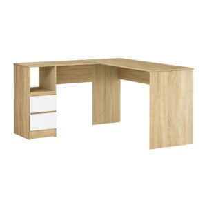 L Shape Computer Desk Oak Finish 136CM Wide Desktop 2 Drawers Storage Shelf