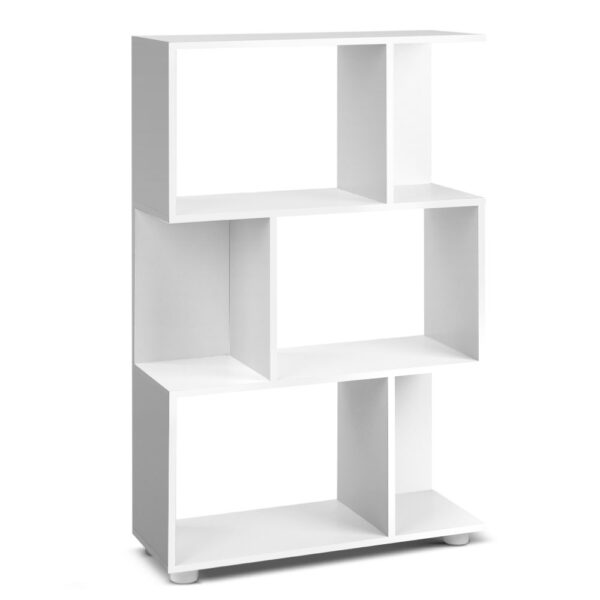 3 Tier Zig Zag Bookshelf White Display Shelf 60x23.5x98cm Anti Scratch Feet