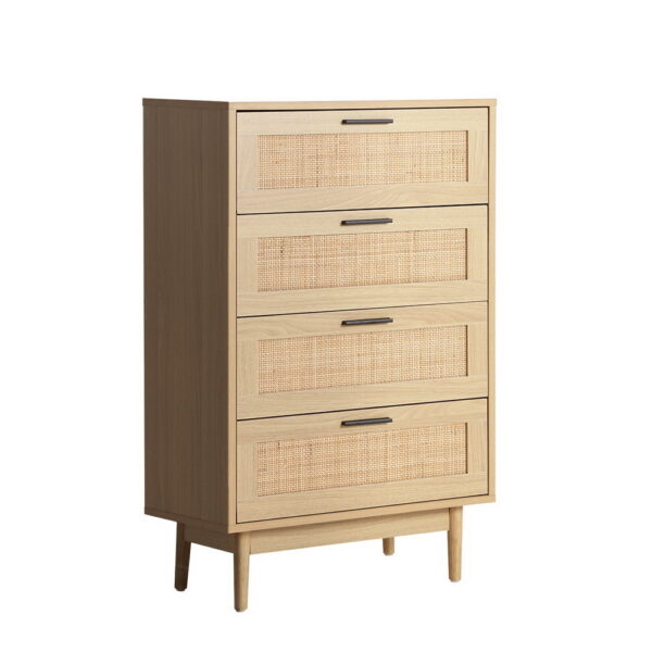 4 Drawer Tallboy Rattan Design Ample Storage Solid Wood Legs Oak Finish 60x40x100cm