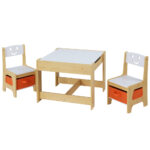 Kids 3PCS Table Chairs Set Chalkboard Reversible Storage White Natural 50kg