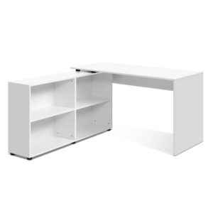 L Shaped Computer Desk with 4 Shelf Bookcase White 130cm Corner Workstation