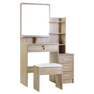 Dressing Table Set with Stool 4 Drawers Mirror Oak Finish Spacious Storage