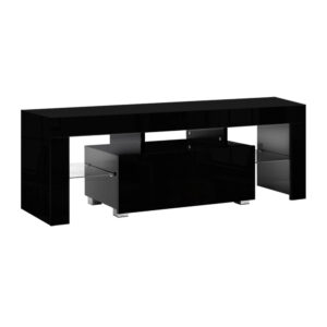 TV Stand Cabinet LED Lighting 130cm Black High Gloss Tempered Glass Shelf