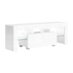 TV Stand Cabinet LED Lighting 130cm White High Gloss Tempered Glass Shelf