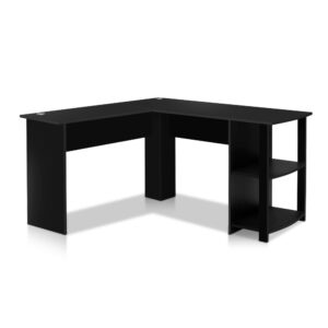 L Shape Computer Desk 136cm with Shelves Cable Management Black Finish