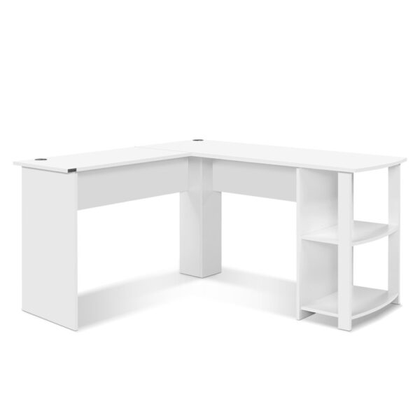 L Shaped Computer Desk 136cm with Shelves Cable Management White Finish