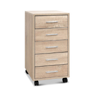 Mobile Filing Cabinet 5 Drawers Wood Finish Lockable Castors Office Storage Organizer