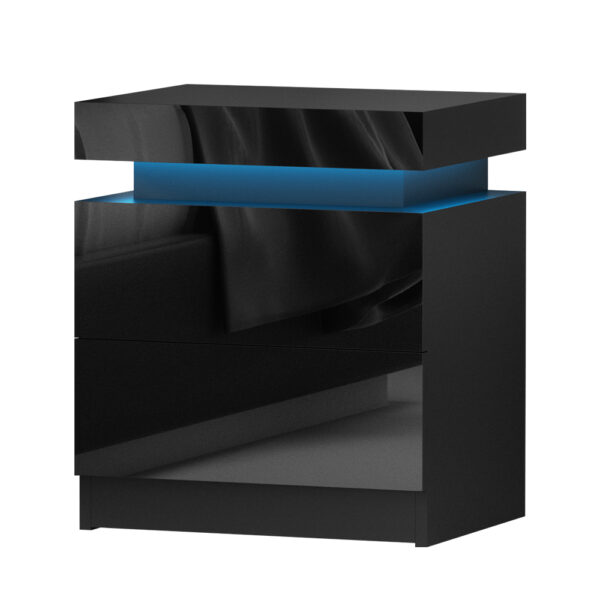 Bedside Table LED Lighting 2 Drawers Lift Storage High Gloss Black 45x35x52cm