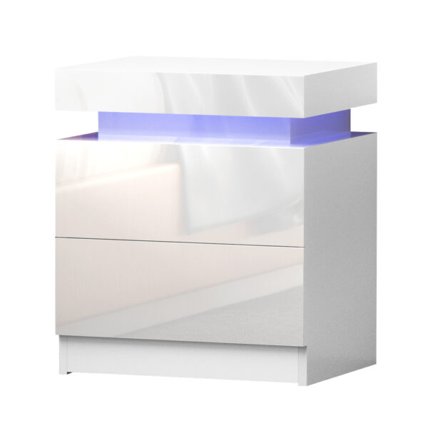 LED Bedside Table 2 Drawers Lift Storage 16 Colors High Gloss White 45x35x52cm