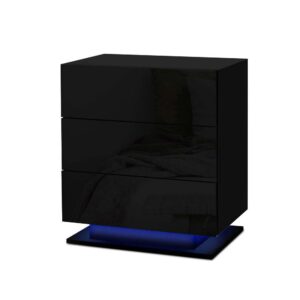 Bedside Table LED Lighting 3 Drawers High Gloss Black Modern Storage Nightstand