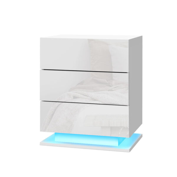 Bedside Table LED Lighting 3 Drawers High Gloss White Modern Storage Nightstand