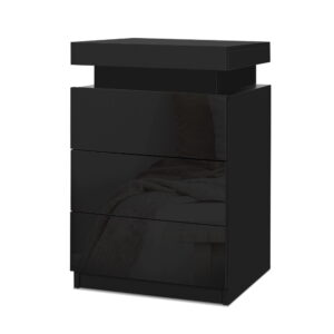 Bedside Table LED Lighting 3 Drawers High Gloss Storage Black 45x35x68cm