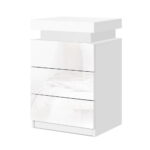 Modern LED Bedside Table 3 Drawers High Gloss White Storage Nightstand