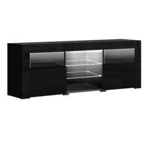 TV Stand Cabinet LED Lighting 160cm High Gloss Black Storage Shelves