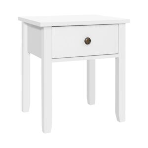 Bedside Table Classic White 1 Drawer Pine Wood Legs E1 MDF Retro Knob 45x38x47.5cm