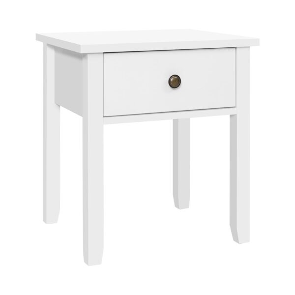 Bedside Table Classic White 1 Drawer Pine Wood Legs E1 MDF Retro Knob 45x38x47.5cm