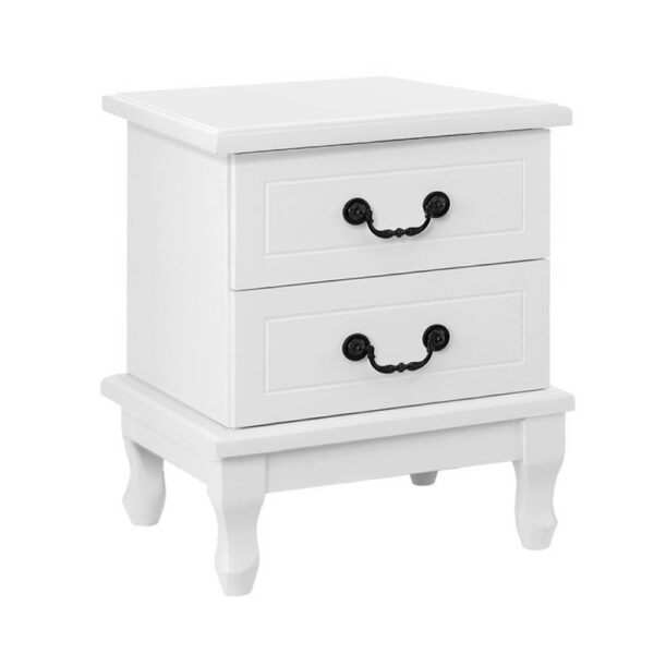 Bedside Table French Provincial 2 Drawers Pine Legs Storage White 42x41x52cm