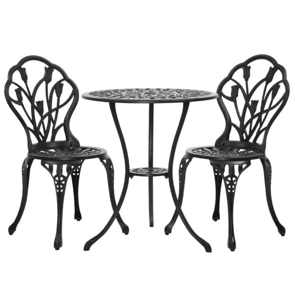 3PC Cast Aluminium Bistro Set Outdoor Patio Table Chairs Black Weather Resistant