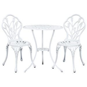 3PC Cast Aluminium Bistro Set Outdoor Patio Table Chairs White Parasol Hole