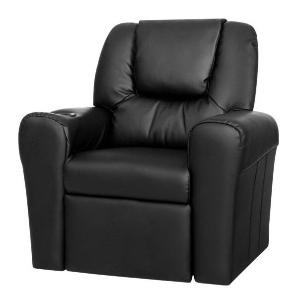 Kids Recliner Chair PU Leather Plush Cushion Cup Holder Black Lounge Armchair