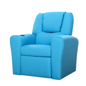 Kids Recliner Chair Blue PU Leather Sofa with Cup Holder Plush Padding