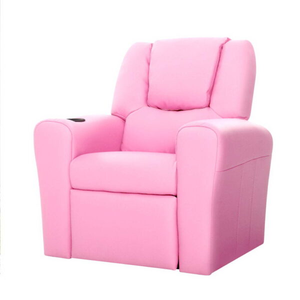 Kids Recliner Chair Pink PU Leather Cushioned with Cup Holder Lounge Armchair