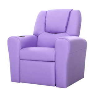 Kids Recliner Chair Purple PU Leather Plush Cushion Cup Holder Armrest 65x42x61cm