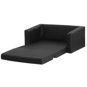 Kids Sofa Chair 2 Seater Flip Open Couch Bed Black PU Leather Timber Frame