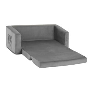 Kids Sofa Chair 2 Seater Flip Open Bed Grey Velour Timber Frame Side Pocket