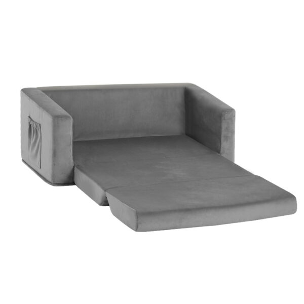 Kids Sofa Chair 2 Seater Flip Open Bed Grey Velour Timber Frame Side Pocket