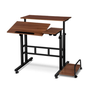 Twin Laptop Desk Adjustable Height Tilt 360° Wheels Dark Wood 80kg Capacity