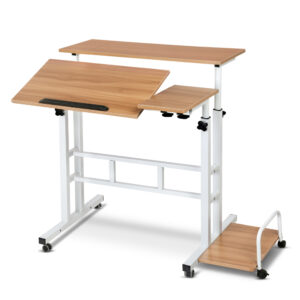 Twin Laptop Desk Adjustable Height Tilt 360° Castors Light Wood 80kg Capacity