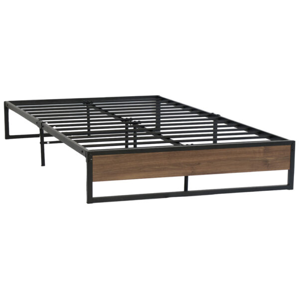 Double Bed Frame Industrial Metal Wood Slats Support 192x139cm Black Dark Wood