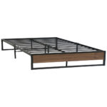 Queen Size Bed Frame Industrial Metal Wood Slats Support 205x155cm Black Dark Wood