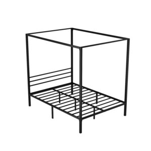 Double Size Metal Bed Frame Four Poster Canopy 300kg Capacity Black Steel