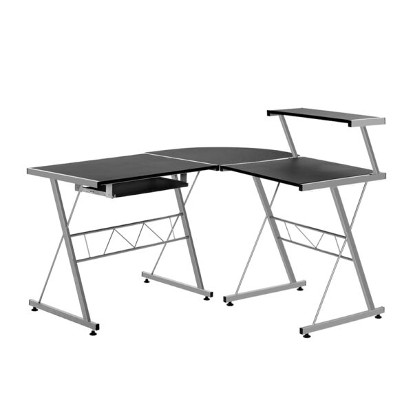 L Shape Computer Desk Workstation with Keyboard Tray and Shelf Black